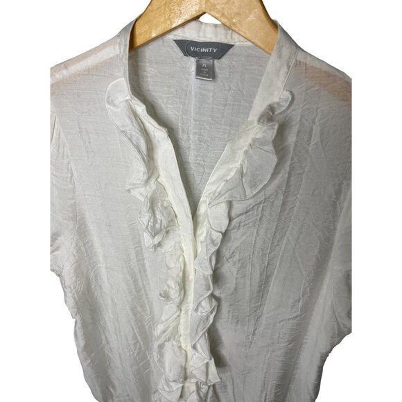 Vicinity White Puff Sleeve Ruffle Front Smocked Elastic Hem Blouse Top Sz LP - Picture 4 of 10